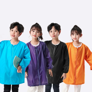 新款夏季儿童纯色透气轻薄画画衣防水前拉链幼儿小孩美术罩衣
