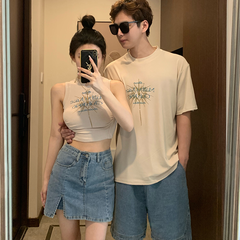 不一样情侣装夏装牛仔裙套装背心高级感短袖t恤你衣我裙子两件套