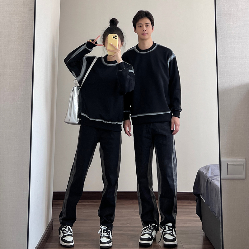 情侣装春秋季渐变无帽圆领卫衣外套男女潮牌牛仔裤套装高级感秋冬