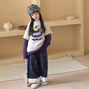儿童撞色假两件针织毛衣外套 慵懒风软糯毛衣 三年级 女童韩版