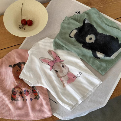 三年四班女童数码印花半高领短袖T恤儿童夏辣妹弹力修身短款上衣