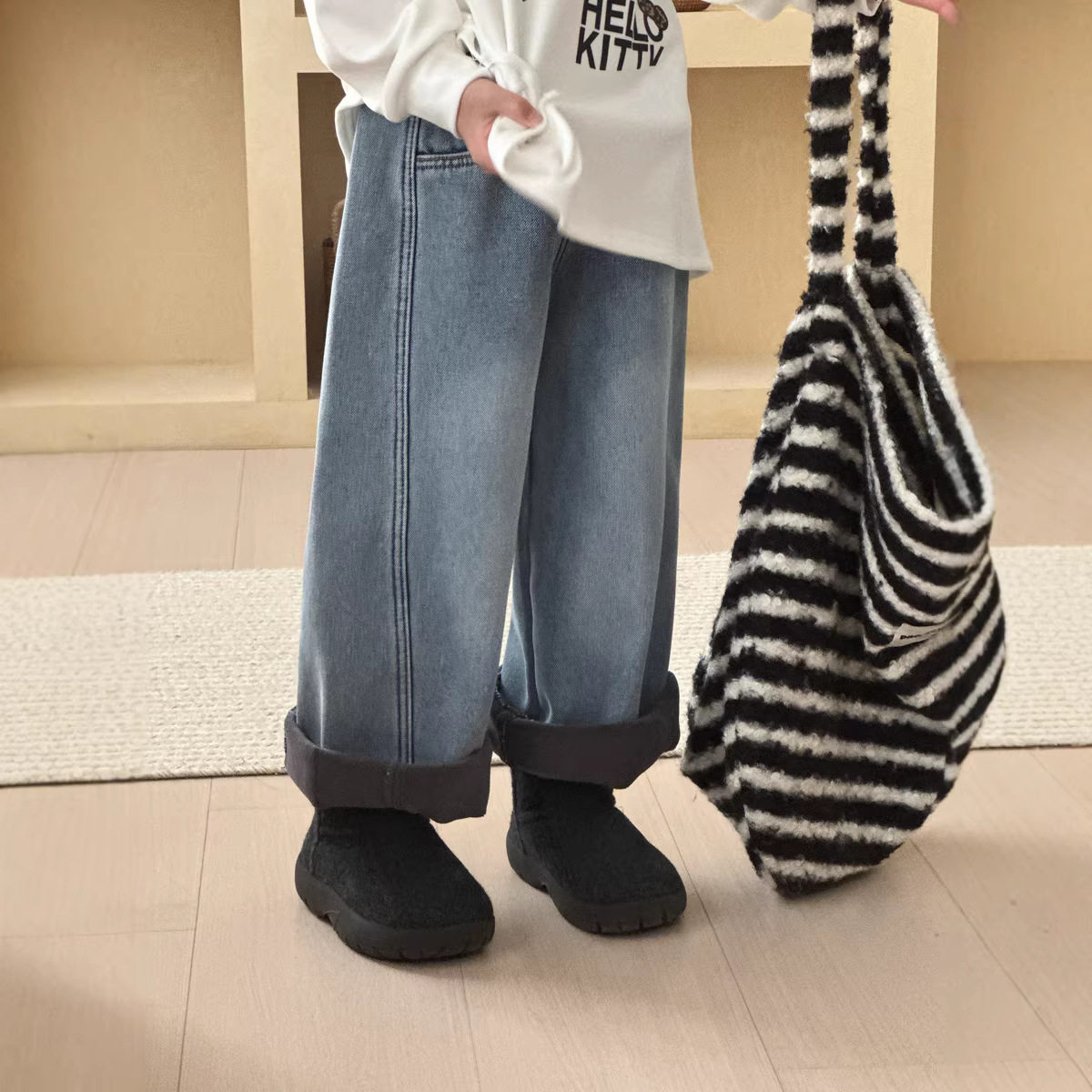 三年级儿童冬季新款韩版加绒牛仔裤男女童休闲直筒裤宽松阔腿裤