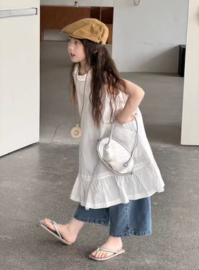 2026夏季新款童装 女童纯色花边领无袖连衣裙儿童休闲洋气背心裙