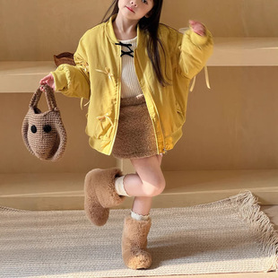 三年级女童美式 黄色棒球服棉衣外套儿童立体丝带蝴蝶结夹克棉服
