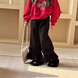 长裤 三年级 纯色条纹休闲裤 儿童加绒阔腿裤 女童木耳花边直筒裤