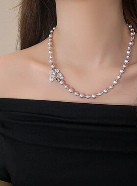 曼塔玫瑰微镶锆石蝴蝶施家珍珠项链毛衣链简约百搭气质颈链锁骨链