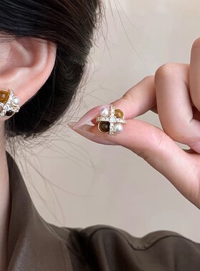 虎眼石珍珠交叉花项链复古小众高级感轻奢颈链秋冬时尚气质毛衣链