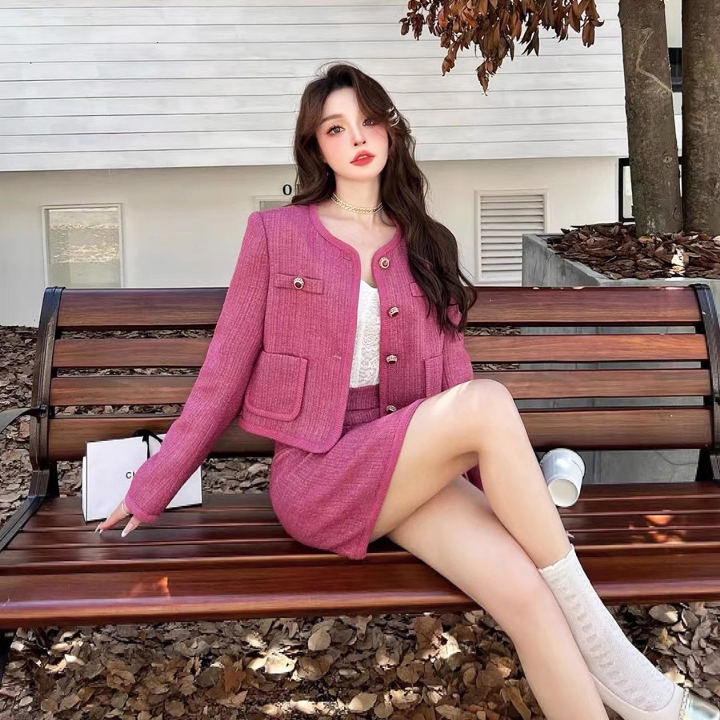 兔子小姐 名媛千金风圆领火龙果色外套高腰半身裙两件套装2024秋