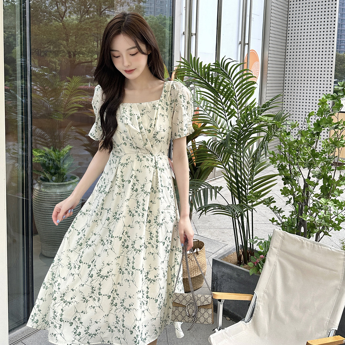 MOPB 碎花方领枝叶满印短袖连衣裙 女款 含礼盒装 绿色碎花