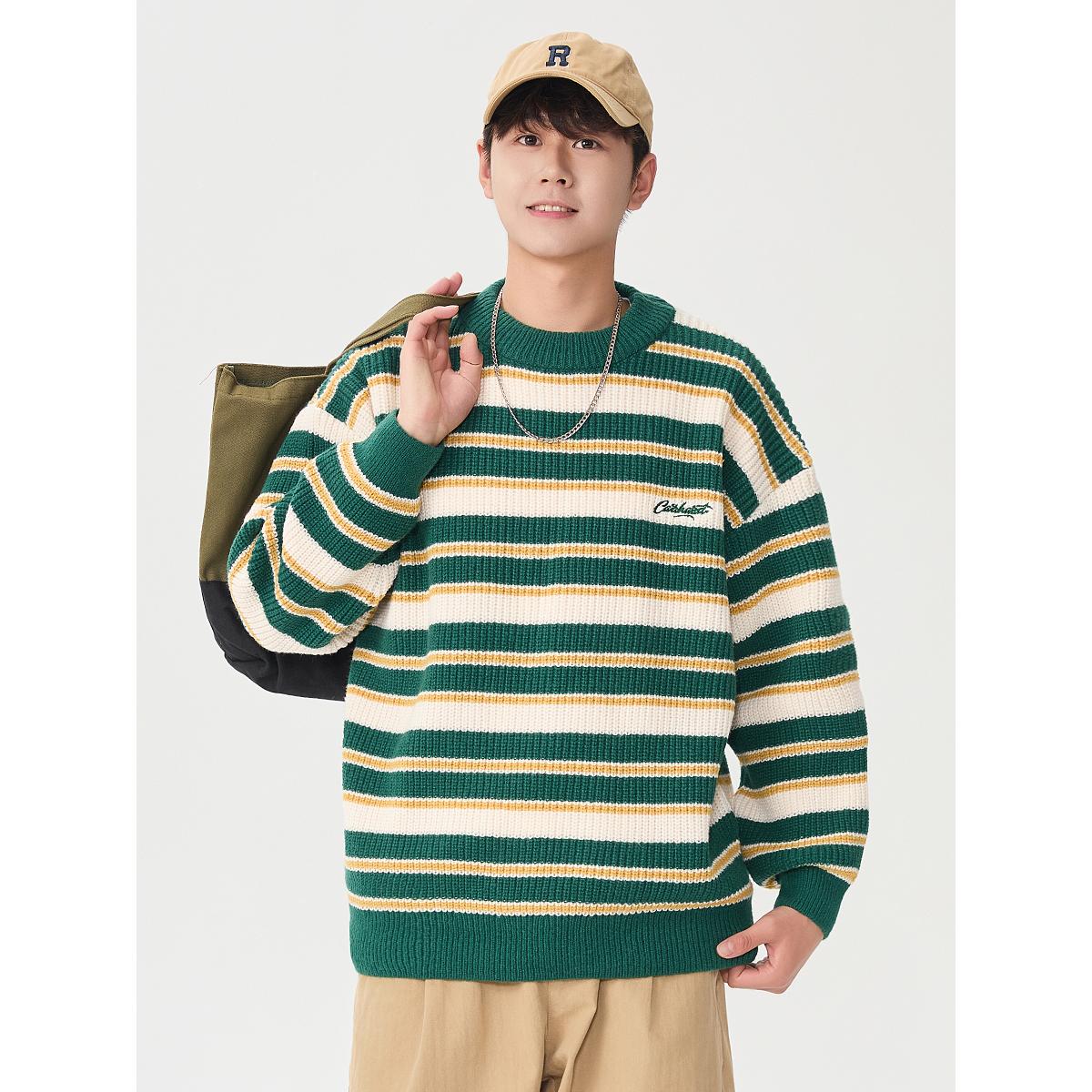 BOLM冬季日系字母刺绣圆领条纹毛衣男女同款情侣套头宽松针织衫潮