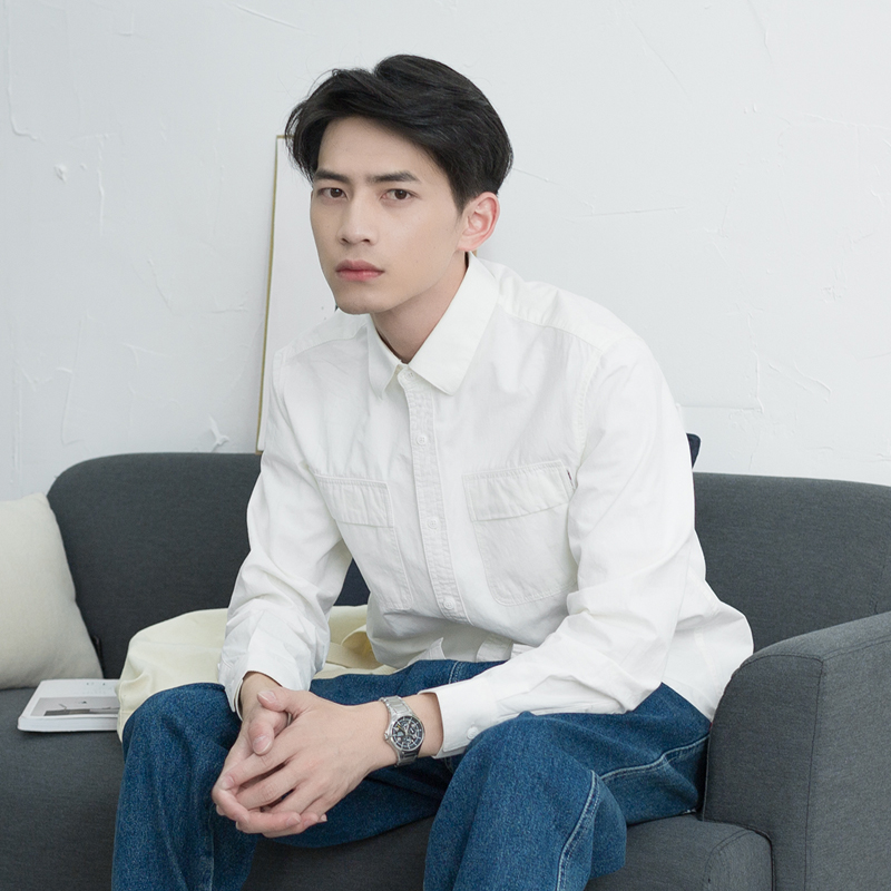 限时2件3折听风秋季新款日系休闲胸前带盖口袋纯棉白色长袖衬衫男学生衬衣潮