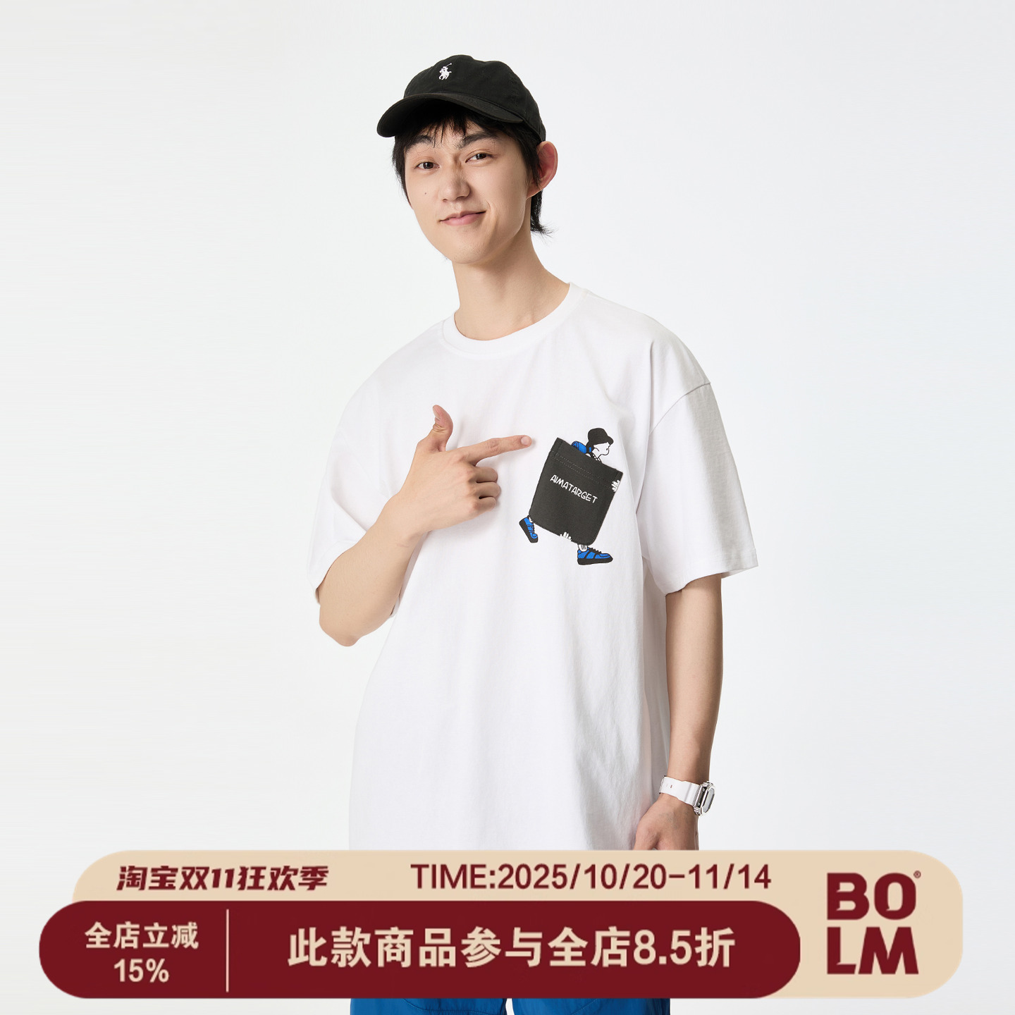 BOLM夏季新款日系口袋印花短袖t恤男宽松圆领纯棉学生五分袖体恤