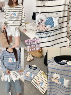 T恤女打底衫 冬季 宽松休闲卡通印花圆领长袖 韩版 egg毛绒刺绣 新款