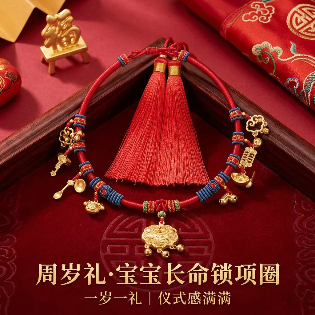 红色百福锁编绳红绳黄金挂绳饰品手链