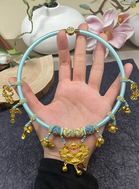 婴儿周岁抓周拍照手工编织项圈蓝色半成品搭配锁包宝宝项圈
