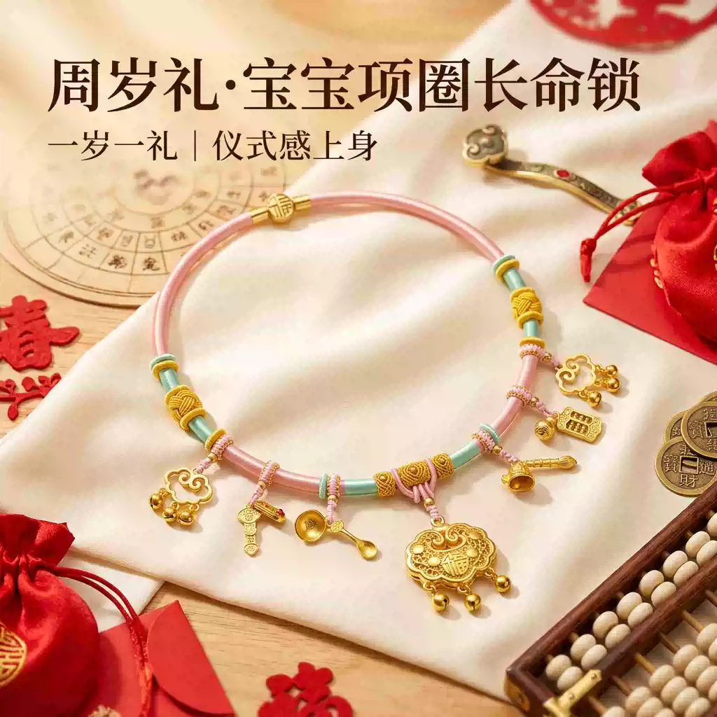 宝宝平安锁项圈编织绳长命锁纯手指环