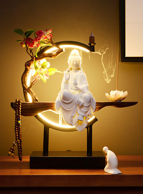 禅意摆件家用观音像观世音菩萨客厅佛像装饰品家居供奉摆件LED灯