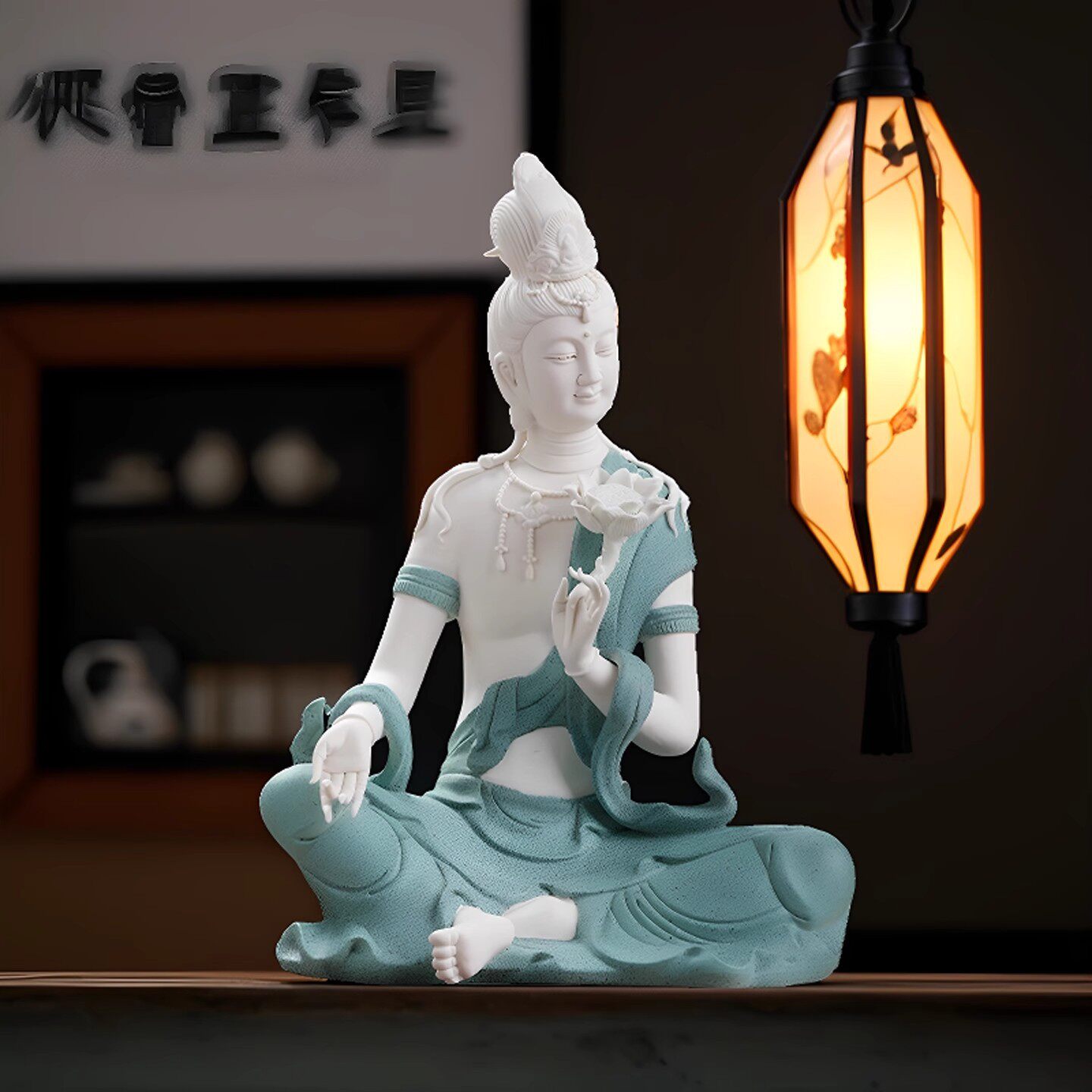 陶瓷莲花水月观音佛像摆件简约现代禅意菩萨像家居博古架