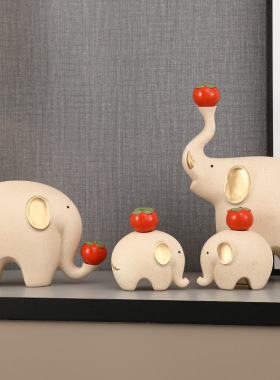 柿柿如意大象摆件一家四口客厅酒柜电视机柜台面装饰工艺礼品新款