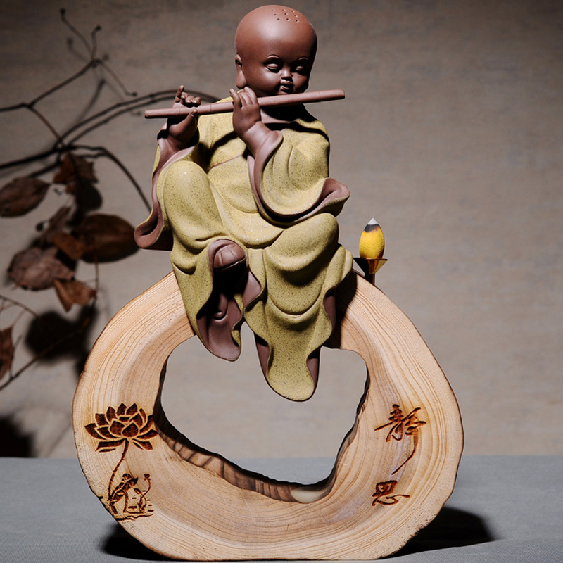 中式禅意小和尚陶瓷摆件风化木倒流香炉茶道博古架办公室装饰香道
