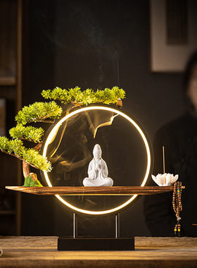 新中式双手合十观音陶瓷摆件松针仿真家居桌面LED灯圈摆设观世音