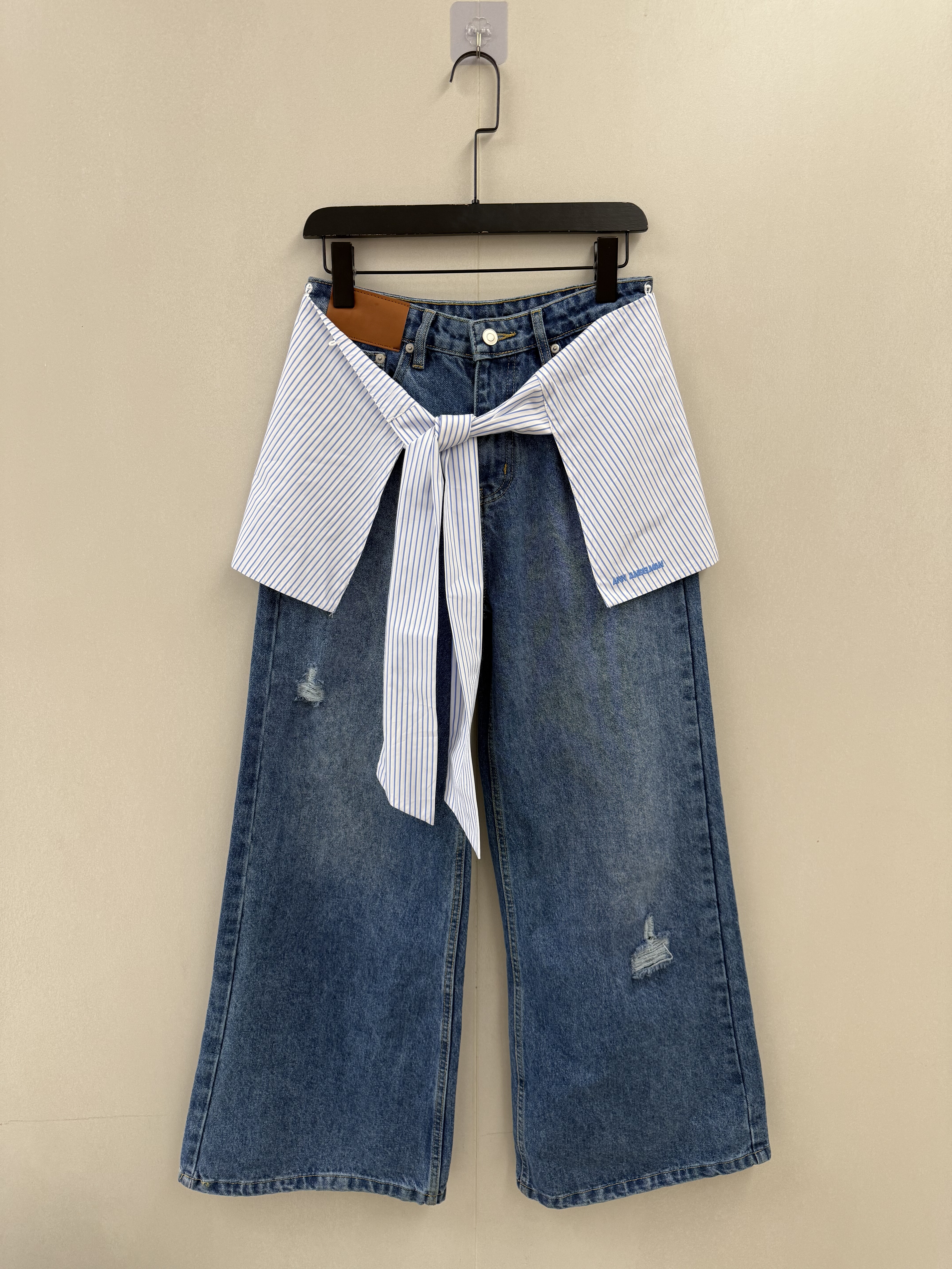 DANN南油买手店时髦小众屁帘两件套条纹破洞水洗牛仔裤宽松阔腿裤