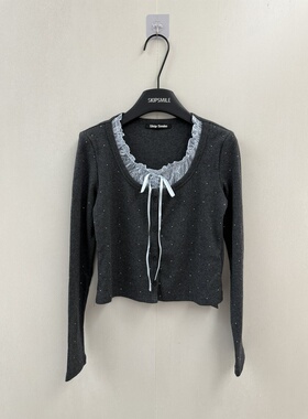 SKip Smile 甜美少女 系带蕾丝拼接假两件T恤女 烫钻修身纯欲上衣