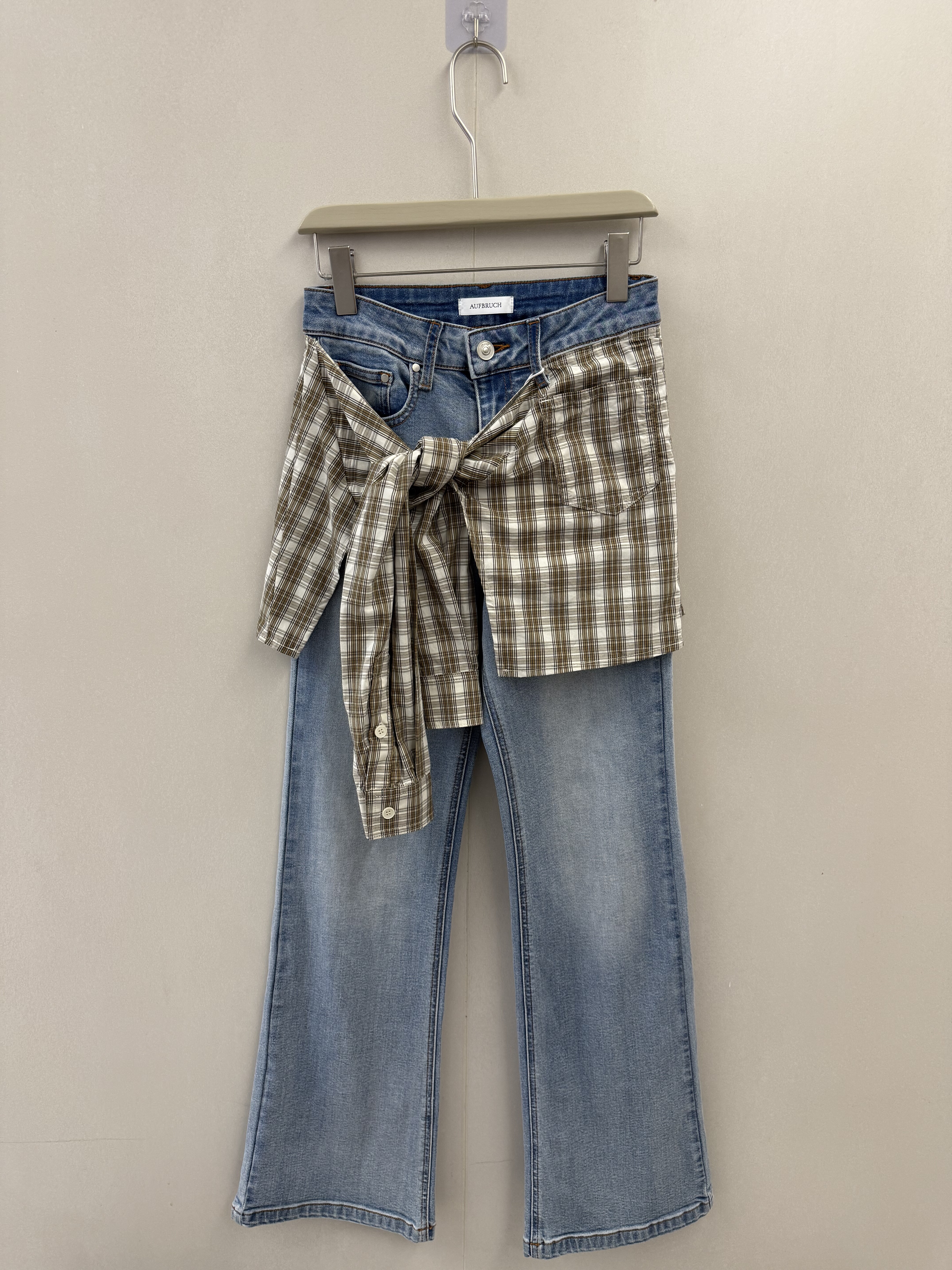 AB时髦小众 假两件格纹衬衫拼接绑带装饰高腰显瘦牛仔裤女长裤,女装/女士精品,牛仔裤,淘宝优惠券,粉丝福利购,淘宝优惠卷