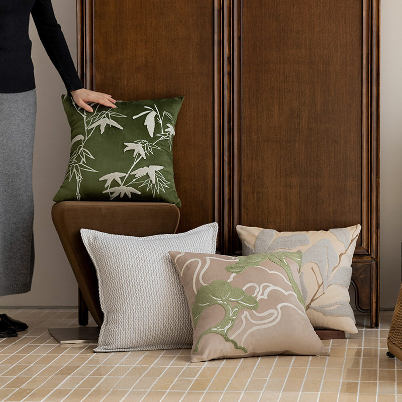 新中式竹叶刺绣抱枕靠垫套现代轻奢样板间展厅沙发靠包床头软靠包