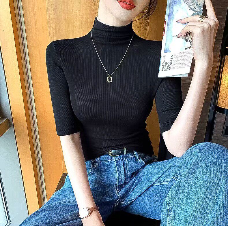 南郭良品暗花灰色中袖螺纹半高领t恤女打底衫内搭 2024新款春秋
