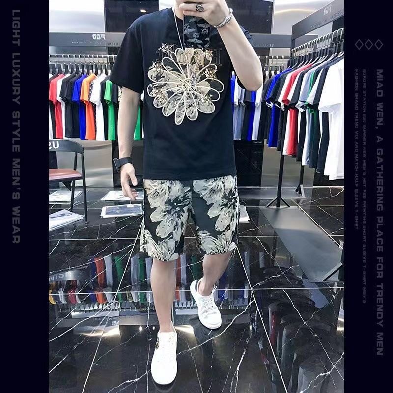 南郭良品欧货夏季男套装个性霸花印花短裤t恤潮流时尚休闲运动