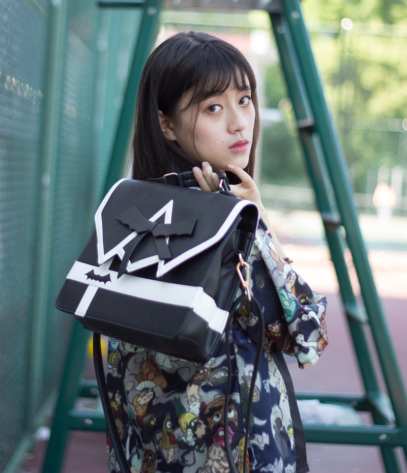 现货日系少女Lolita学院风蝴蝶结刺绣清新JK制服公文双肩3way包