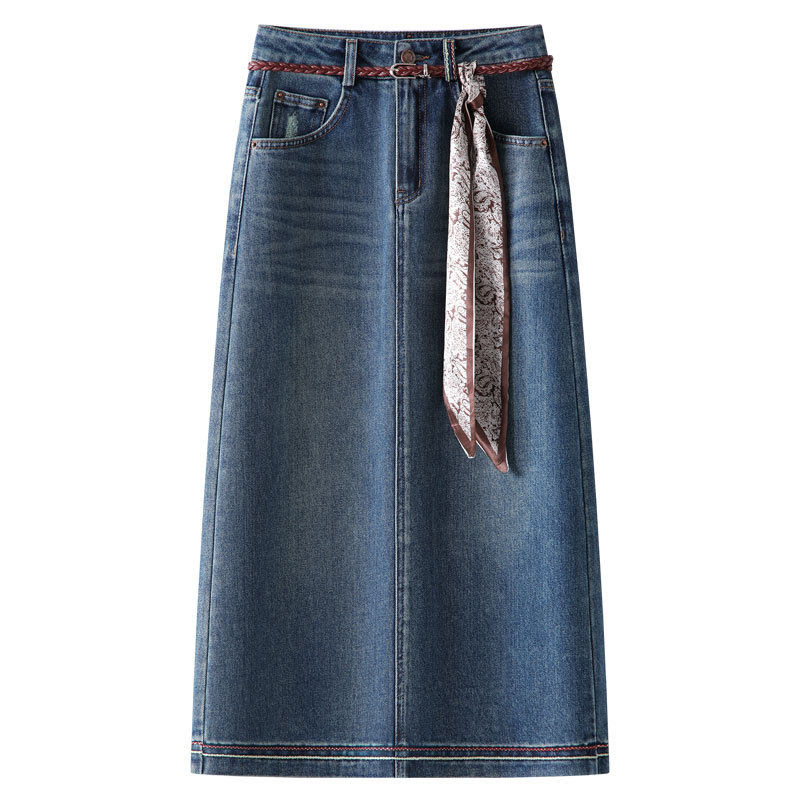 蓝色牛仔半身裙女2026新款秋季感百搭水洗直筒裙中长款一步裙