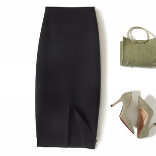 秋冬黑色针织半身裙包臀中长款配卫衣开叉一步裙小个子高腰直筒裙