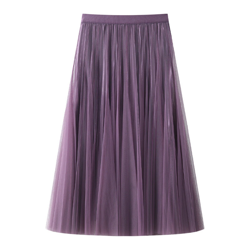 紫色百褶半身裙女2026新款春款垂感A字裙双层仙女裙中长款纱裙