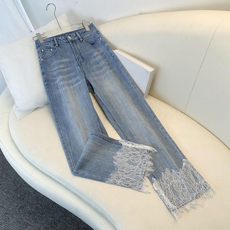 蕾丝拼接直筒牛仔烟管裤女2026年春秋季新款高腰窄版阔腿裤九分裤