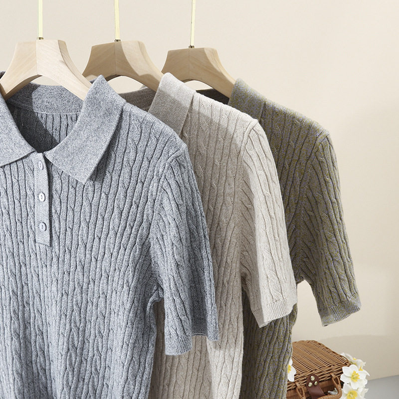 白色POLO领针织衫女短袖2025新款早秋复古老钱风麻花翻领打底上衣