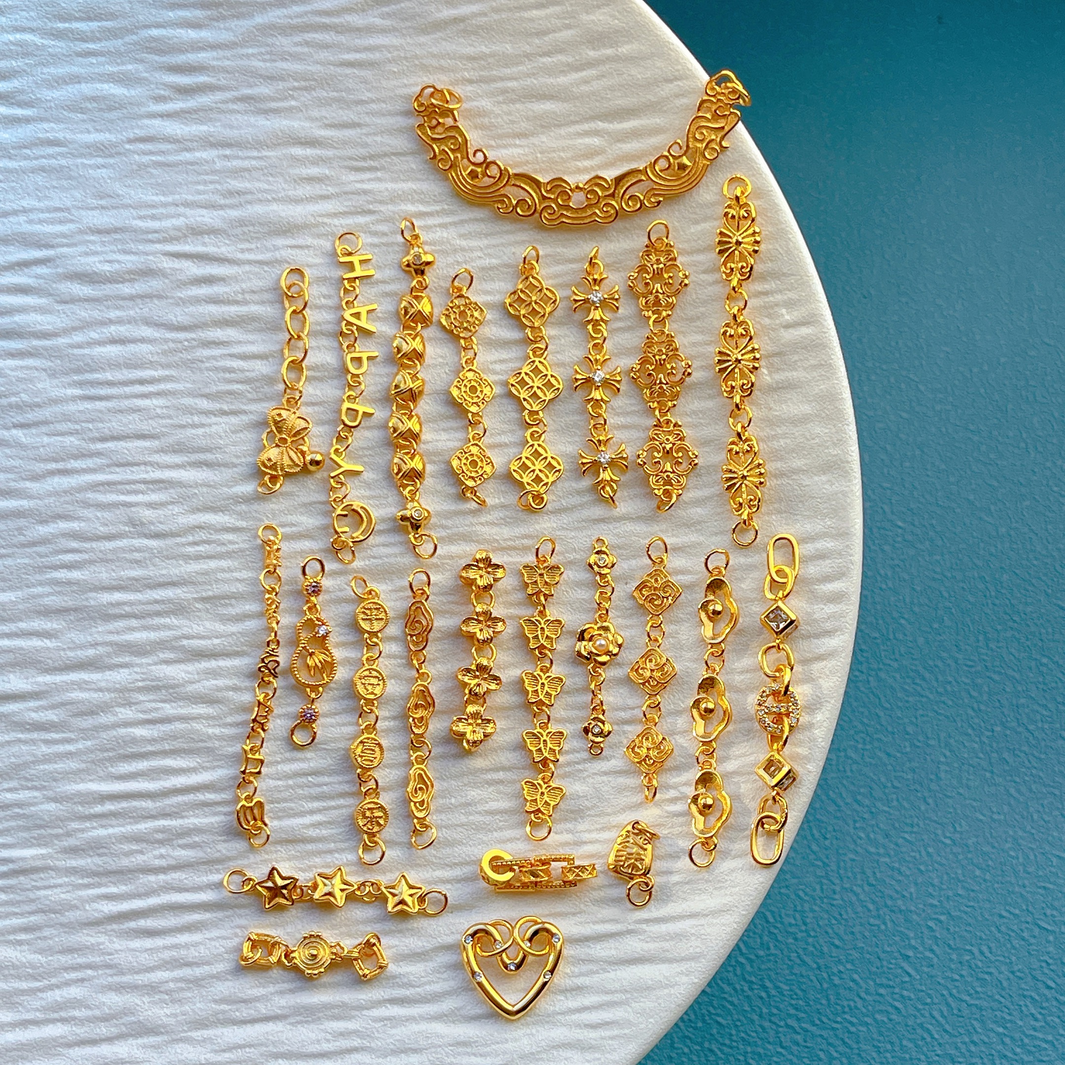 24K包金保色配件祥云五角星蝴蝶平安喜乐钱币连接链条延长链条diy