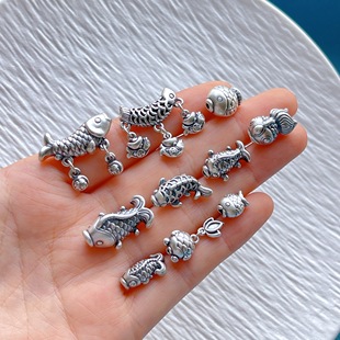 足银999纯银饰配件接吻鱼锦鲤弯管流苏吊坠隔珠diy水晶手串配饰