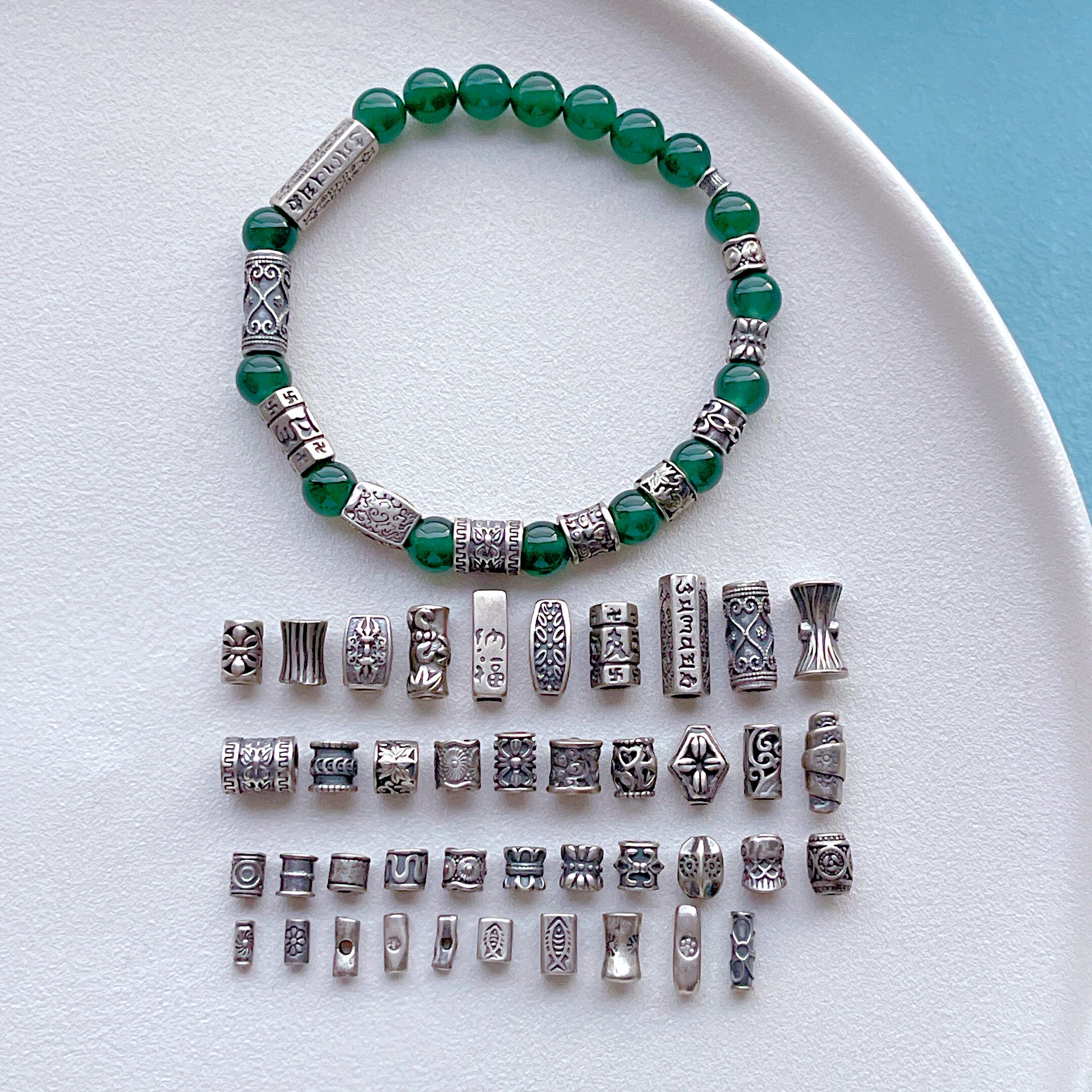 三七老银饰品配件六字真言锦鲤纳福莲花钱币蝴蝶隔珠桶珠直管diy