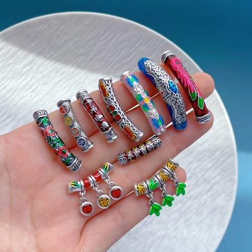 纯银烧蓝竹节知足常乐弯管吊坠