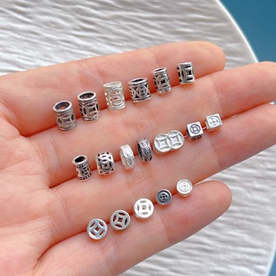 925纯银饰配件钱币钱串铜钱大孔隔珠桶珠直管diy手串项链配饰材料