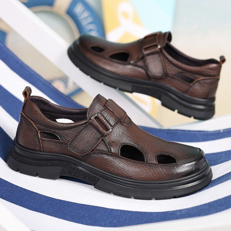 夏季洞洞鞋真皮休闲镂空凉鞋包头魔术贴防滑透气爸爸鞋厚底皮鞋男,流行男鞋,洞洞鞋,淘宝优惠券,粉丝福利购,淘宝优惠卷