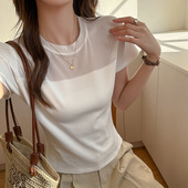 W韩系小圆领短袖 网纱拼接设计感正肩显瘦内搭辣妹上衣 t恤女春夏季