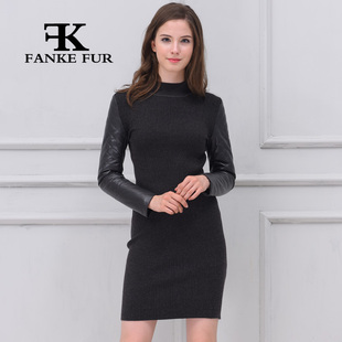 2021冬季 女中长款 新款 绵羊皮羽绒袖 套头毛衣 真皮袖 子针织衫 打底衫