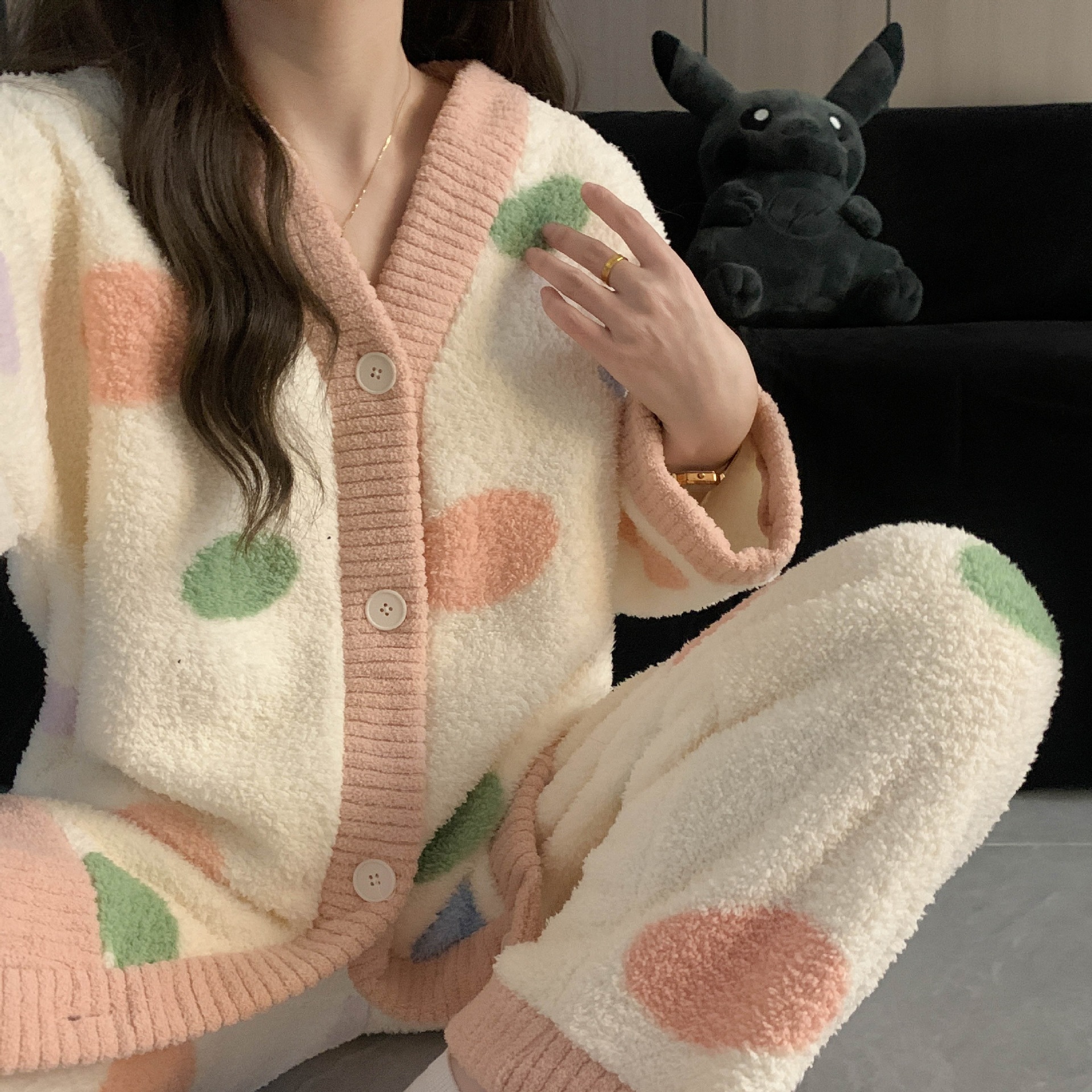 日系软绵绵半边绒睡衣女冬季新款加绒加厚圆点家居服秋冬套装