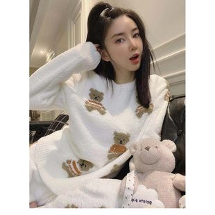 潮 学生宿舍保暖家居服套装 可爱简约小熊半边绒睡衣女冬季 加厚新款