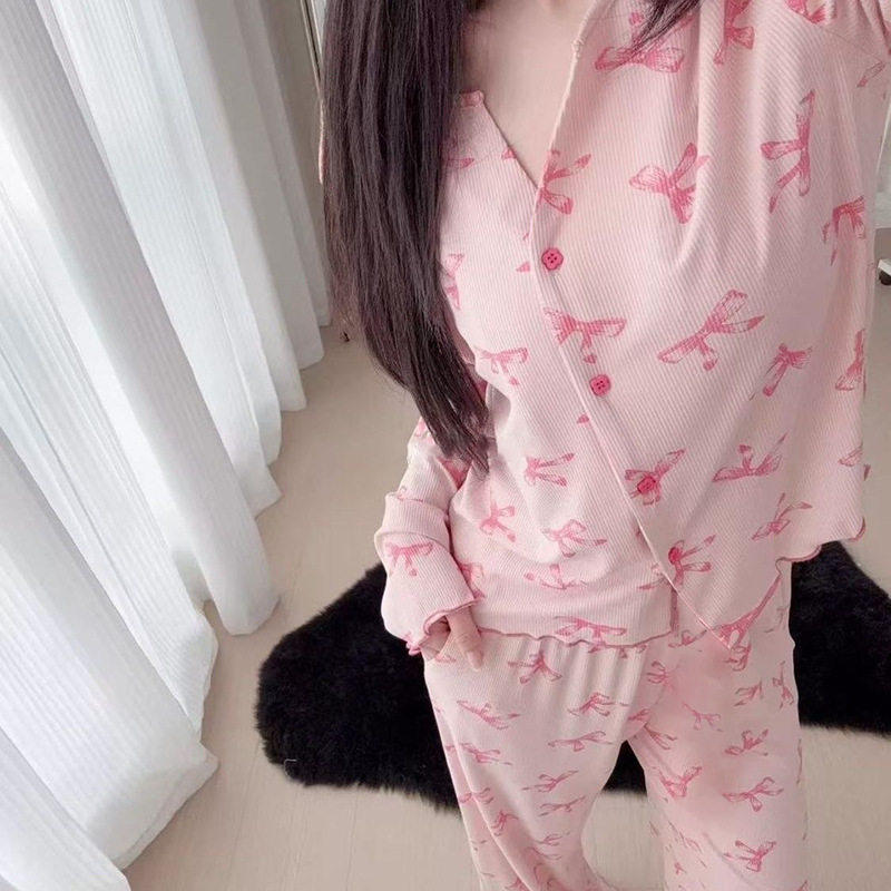 复古满印甜美睡衣女长袖冰丝螺纹春夏季开衫宽松家居服网红套装女,女士内衣/男士内衣/家居服,睡衣/家居服套装,淘宝优惠券,粉丝福利购,淘宝优惠卷