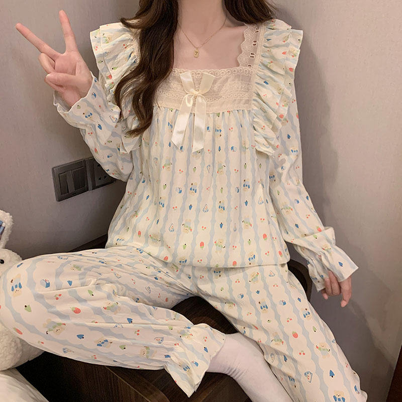 春秋季新款长袖方领睡衣女一字领可爱甜美舒适云朵棉家居服套装女,女士内衣/男士内衣/家居服,睡衣/家居服套装,淘宝优惠券,粉丝福利购,淘宝优惠卷