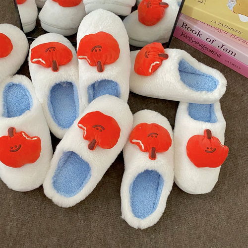 降温准备！原创可爱苹果毛绒棉拖鞋女秋冬季室内家用保暖情侣拖鞋